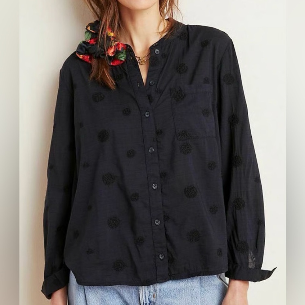 Pilcro Anthropologie Navy Whitney Trapeze Button Up Crewneck Embroidered Blouse